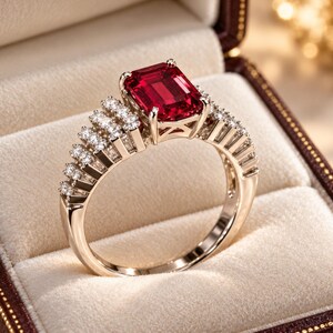 Peut inclure: Une bague en or avec une pierre pr&eacute;cieuse rouge taille &eacute;meraude fix&eacute;e par quatre griffes. L'anneau est orn&eacute; de trois rang&eacute;es de petites pierres rondes et claires de chaque c&ocirc;t&eacute;, partant du sertissage central le long de l'anneau poli.