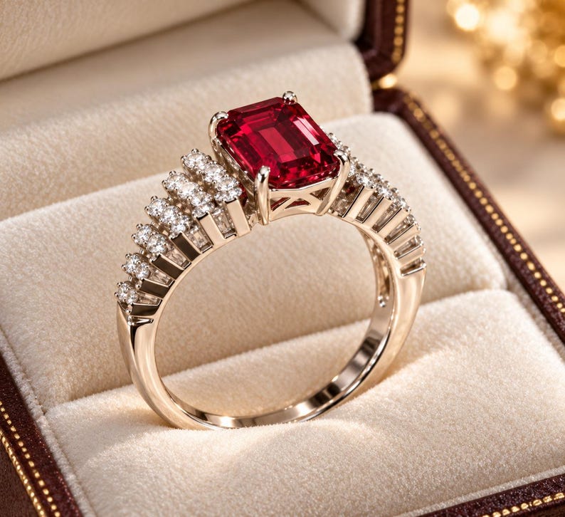 Peut inclure: Une bague en or avec une pierre pr&eacute;cieuse rouge taille &eacute;meraude fix&eacute;e par quatre griffes. L'anneau est orn&eacute; de trois rang&eacute;es de petites pierres rondes et claires de chaque c&ocirc;t&eacute;, partant du sertissage central le long de l'anneau poli.