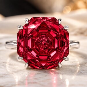 May include: A silver ring featuring a large, faceted, deep red gemstone with an octagonal shape. The stone is secured by eight small silver prongs arranged around its perimeter, set on a smooth, polished silver band.