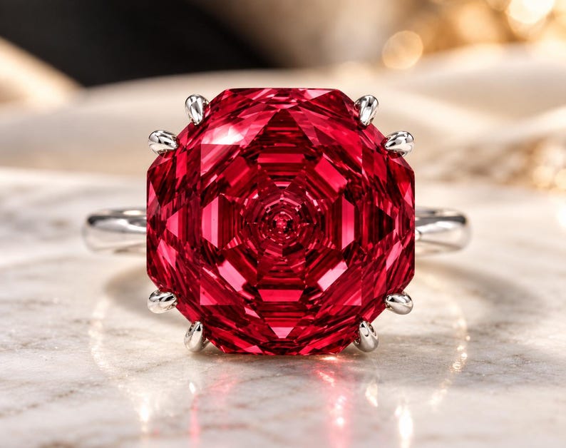 May include: A silver ring featuring a large, faceted, deep red gemstone with an octagonal shape. The stone is secured by eight small silver prongs arranged around its perimeter, set on a smooth, polished silver band.
