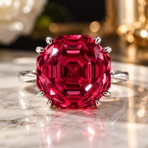 May include: A silver ring featuring a large, octagonal-cut vibrant red gemstone set in a prong setting. The stone displays deep crimson facets and a symmetrical geometric pattern, held securely by eight silver prongs on a polished silver band.