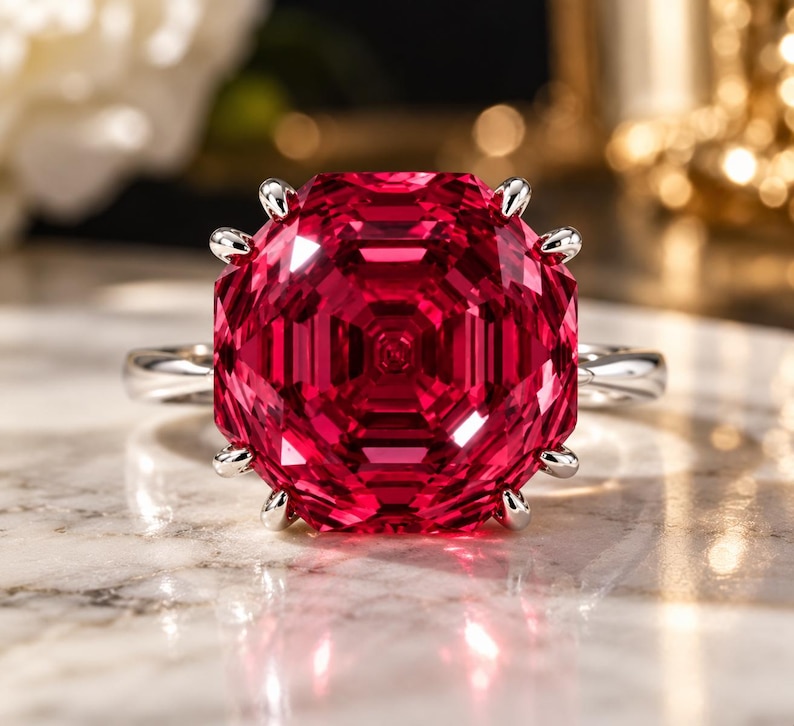 May include: A silver ring featuring a large, octagonal-cut vibrant red gemstone set in a prong setting. The stone displays deep crimson facets and a symmetrical geometric pattern, held securely by eight silver prongs on a polished silver band.