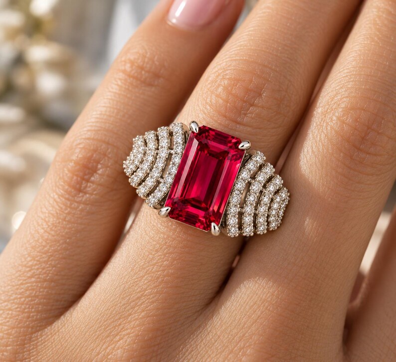 Peut inclure: Une bague argent&eacute;e orn&eacute;e d'une grande pierre pr&eacute;cieuse rectangulaire rouge vif taille &eacute;meraude, entour&eacute;e de chaque c&ocirc;t&eacute; par trois rang&eacute;es incurv&eacute;es de petites pierres claires rondes serties pav&eacute; sur un anneau m&eacute;tallique.
