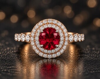 Round Ruby Halo Ring, CZ Accents, Gold Plated 925 Sterling Silver