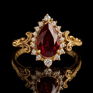 Könnte beinhalten: Ein Goldring mit einem birnenförmigen, tiefroten Edelstein in der Mitte, der von einem Kranz aus kleinen, runden weißen Diamanten umgeben ist. Die Ringschiene ist beidseitig mit filigranen Schnörkeln verziert, die vom Mittelstein ausgehen.