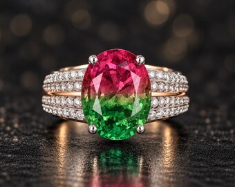 Green Tourmaline Ring, Oval Center Stone, Multi-Row Pavé Band