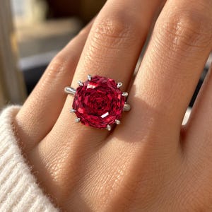 May include: A silver ring featuring a large, round, faceted deep red gemstone set with multiple prongs. The stone has a complex, rose-like geometric cut that reflects light across its surface, secured by a polished silver band on a finger.