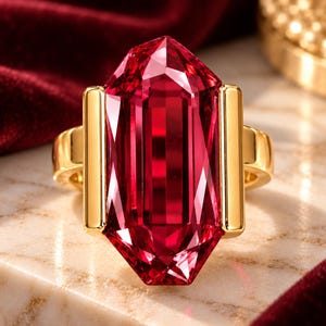 Ruby Statement Ring, Lab-Grown 16x24mm Emerald Cut, Gold-Plated 925 Silver