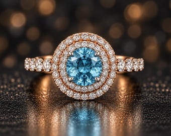 Aquamarine Halo Ring, Gold Plated 925 Sterling Silver, Double CZ Halo Band