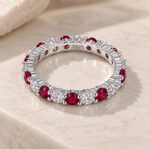 Red Ruby Eternity Ring, Lab-Grown Round Cut, 925 Sterling Silver Band