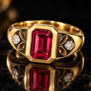 Ruby Signet Ring, Lab-Grown Red Gemstone, Gold Tone Vintage Style