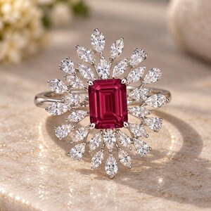 Red Ruby Ring, Lab-Grown Emerald Cut 6x8mm, 925 Silver Plated with Natural Zircon