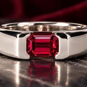 May include: A polished silver-toned metal ring featuring a single rectangular emerald-cut red gemstone set horizontally in the center of a wide, smooth band with a clean, minimalist design and a reflective metallic finish.