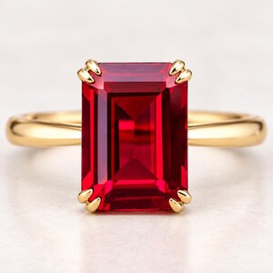 Anillo octogonal de rubí rojo, cultivado en laboratorio, 10 x 14 mm, plata de ley 925 chapada en oro.