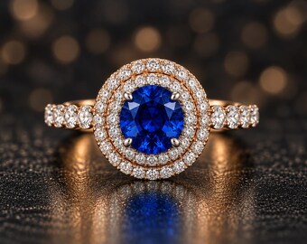 Round Blue Sapphire Halo Ring, CZ Accents, Gold Plated 925 Sterling Silver