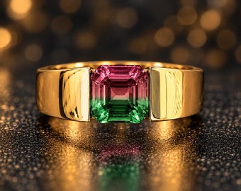 Herenring met tweekleurige toermalijn, roze en groen, verguld 925 sterling zilver