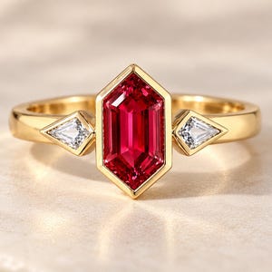 May include: A gold ring featuring a central hexagonal-cut red gemstone in a bezel setting, flanked by two smaller kite-shaped clear white gemstones on either side. The band is polished yellow gold with a smooth, rounded finish throughout.