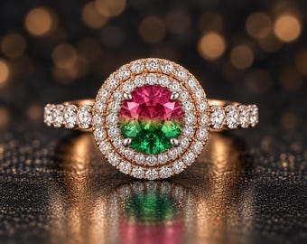 Pink Green Tourmaline Ring, CZ Halo, Gold Plated 925 Sterling Silver