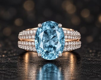 Aquamarine Ring, Oval Blue Gemstone, Multi-Row Pavé Band