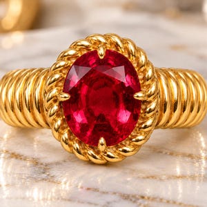 Puede incluir: Un anillo de oro con una gran piedra preciosa de color rojo vibrante y corte ovalado en el centro. La banda y el engaste que rodea la piedra presentan un diseño de cuerda trenzada y texturizada, creando un patrón metálico continuo.
