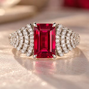 Peut inclure: Une bague en argent avec une grande pierre pr&eacute;cieuse rouge vif de taille &eacute;meraude rectangulaire au centre. L'anneau est orn&eacute; de plusieurs rang&eacute;es de petites pierres blanches claires rondes dispos&eacute;es en &eacute;ventail.