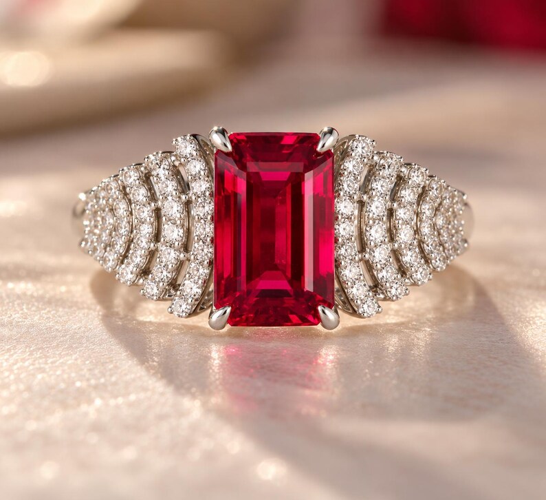 Peut inclure: Une bague en argent avec une grande pierre pr&eacute;cieuse rouge vif de taille &eacute;meraude rectangulaire au centre. L'anneau est orn&eacute; de plusieurs rang&eacute;es de petites pierres blanches claires rondes dispos&eacute;es en &eacute;ventail.