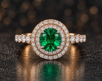 Round Emerald Halo Ring, CZ Accents, Gold Plated 925 Sterling Silver