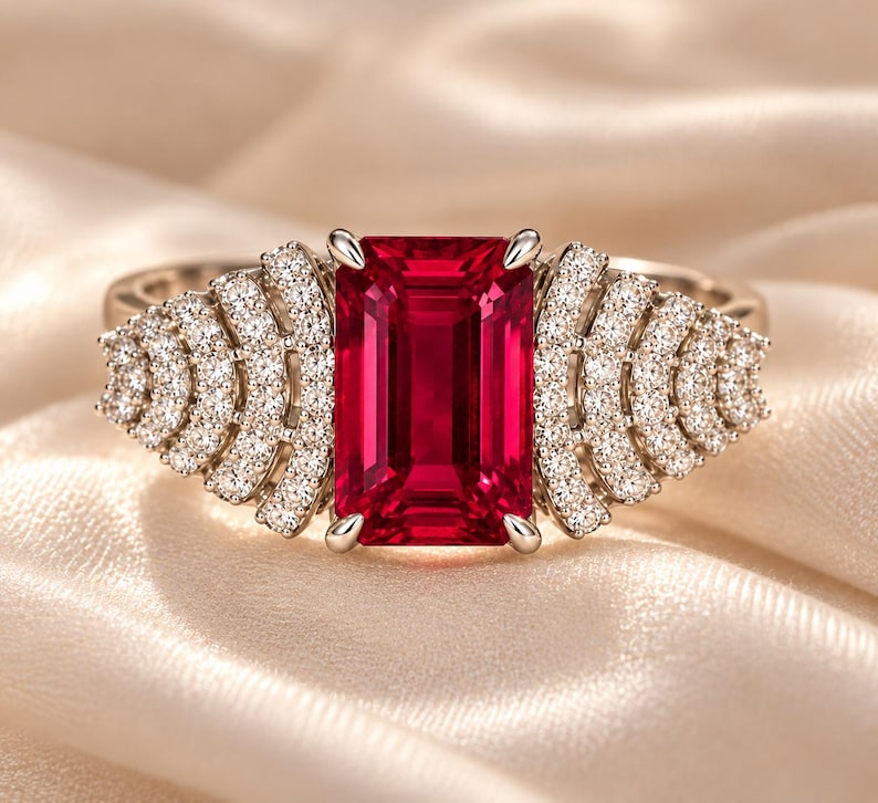 Peut inclure: Une bague argent&eacute;e orn&eacute;e d'une grande pierre rectangulaire rouge fonc&eacute; au centre. L'anneau est d&eacute;cor&eacute; de chaque c&ocirc;t&eacute; par trois rang&eacute;es incurv&eacute;es de petites pierres claires et scintillantes, formant un motif en &eacute;ventail autour du centre.