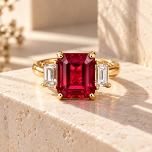 Può includere: Un anello in oro con una grande pietra preziosa rossa rettangolare a taglio smeraldo al centro, affiancata da due pietre bianche rettangolari a taglio baguette su entrambi i lati, montate su una fascia in oro giallo lucido.