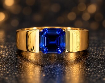 Herenring met blauwe saffier, laboratoriumgekweekt, Asscher-geslepen, verguld 925 sterling zilver