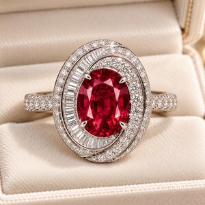 Puede incluir: Un anillo de tono plateado con una gran piedra preciosa roja de corte ovalado en el centro. La piedra está rodeada por un halo de pequeñas piedras blancas redondas y un borde parcial de piedras blancas de corte baguette en la banda.