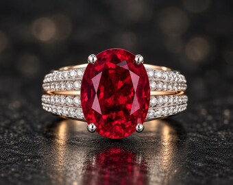 Oval Ruby Ring, Multi-Row Pavé Band, Gold Plated 925 Silver