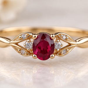 Red Ruby Ring, Lab-Grown Oval Cut, Gold-Plated 925 Sterling Silver