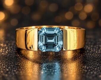 Herenring met aquamarijn, in het laboratorium gekweekt, Asscher-slijping, verguld 925 sterling zilver