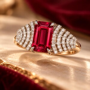 Peut inclure: Une bague en or orn&eacute;e d'une grande pierre rouge rectangulaire taille &eacute;meraude au centre. La pierre est flanqu&eacute;e de chaque c&ocirc;t&eacute; par des grappes en &eacute;ventail de petits diamants blancs ronds, dispos&eacute;s en gradins arqu&eacute;s.