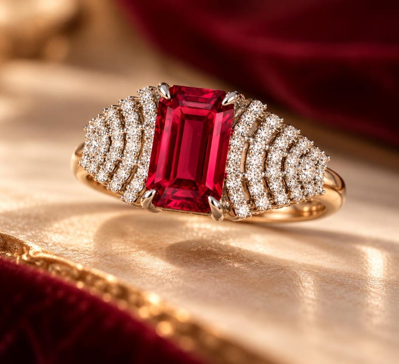 Peut inclure: Une bague en or orn&eacute;e d'une grande pierre rouge rectangulaire taille &eacute;meraude au centre. La pierre est flanqu&eacute;e de chaque c&ocirc;t&eacute; par des grappes en &eacute;ventail de petits diamants blancs ronds, dispos&eacute;s en gradins arqu&eacute;s.
