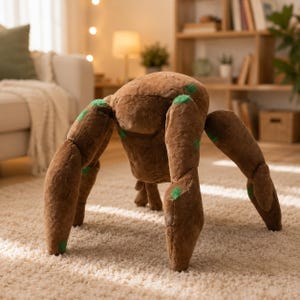 May include: A brown plush toy shaped like a four-legged creature with a rounded body and segmented limbs. The soft fabric features small, scattered bright green circular spots across the surface, giving it a textured, organic appearance.