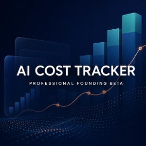 May include: A digital graphic featuring the text AI COST TRACKER and PROFESSIONAL FOUNDING BETA in white font. The background displays blue bar charts of varying heights, a glowing orange trend line, and a dotted grid pattern on a dark blue field.