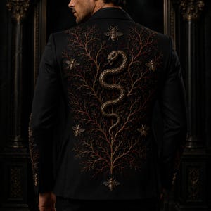 Puede incluir: Un blazer negro con un intrincado bordado en la espalda que muestra una serpiente central en tono bronce enroscada entre patrones de ramas de color rojo oscuro. El diseño se acentúa con varios pequeños motivos de abejas en bronce metálico.