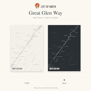 May include: Two rectangular wall art prints displaying the Great Glen Way trail map. One print features a light cream background with dark lines, while the other has a dark charcoal background with light lines. Both include the text Great Glen Way.