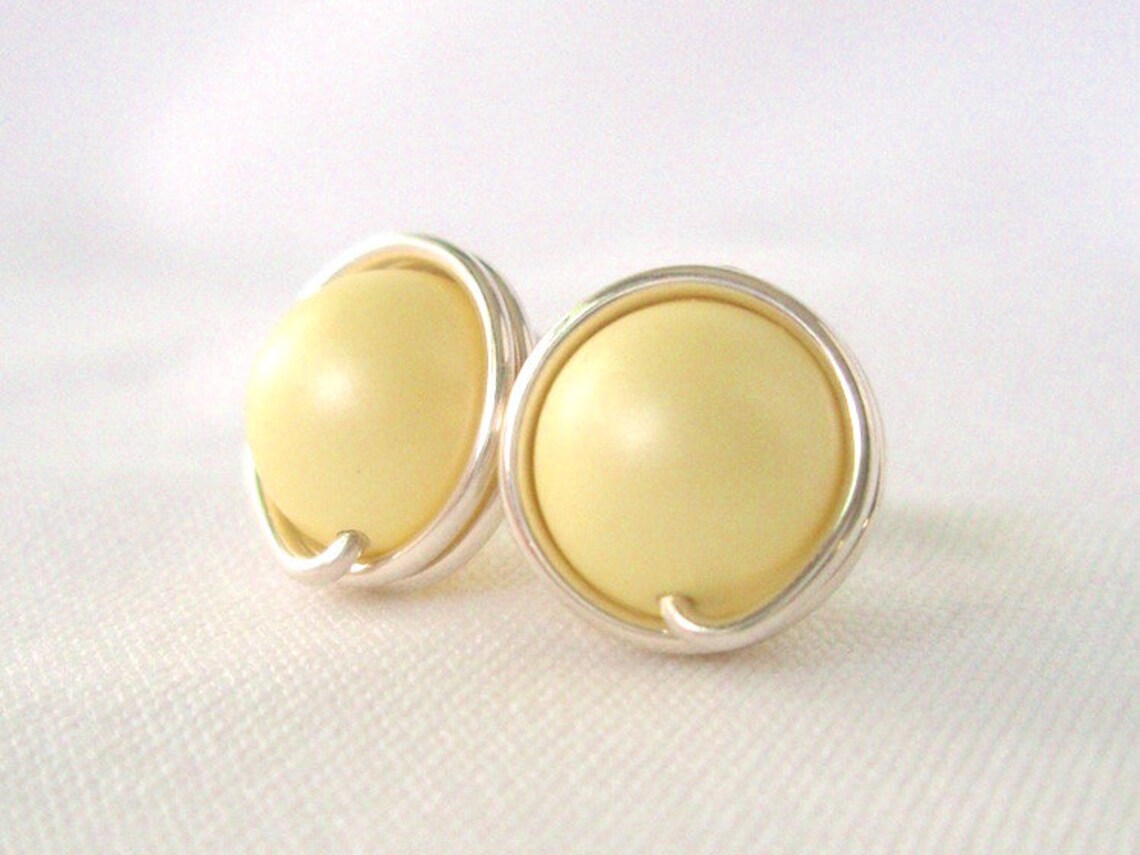 Pastel Yellow Pearl Stud Earrings Light Yellow Earrings Etsy