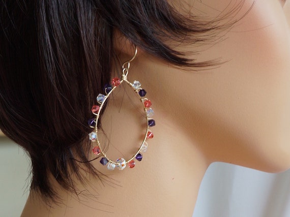 Items similar to Swarovski Three Color Hoop Earrings, Gold Filled Wire ...