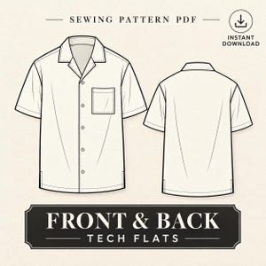 May include: A digital sewing pattern for a short-sleeve button-down shirt with a camp collar and a single chest pocket. The illustration displays the front and back views of the garment with black outlines on a light background. Text includes SEWING PATTERN PDF, INSTANT DOWNLOAD, and FRONT & BACK TECH FLATS.