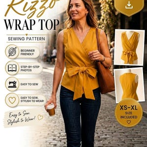 Puede incluir: Un top cruzado sin mangas de color amarillo mostaza con escote en V y un gran lazo en la cintura. El patrón de costura incluye tallas de la XS a la XL y presenta un diseño profesional con instrucciones paso a paso en PDF.
