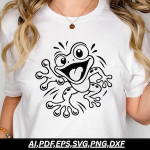 Könnte beinhalten: Ein weißes Kurzarm-T-Shirt mit einer großen schwarzen Grafik eines Cartoon-Frosches mit weit geöffneten Augen, offenem Mund und herausgestreckter Zunge. Der Frosch hat gespreizte Zehen und ist von kleinen schwarzen Bewegungslinien umgeben. Text: AI, PDF, EPS, SVG, PNG, DXF.