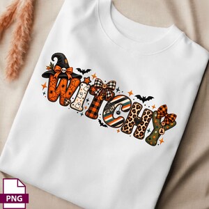 May include: A white t-shirt featuring the word WITCHY in large, decorative letters. Each letter has a unique pattern including orange spiderwebs, white ghosts, black and orange plaid, stripes, and leopard print, accented with bats and stars.