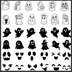 Op de afbeelding: Een verzameling zwart-witillustraties met diverse spookfiguren. De bovenste twee rijen tonen gedetailleerde lijntekeningen van spoken met accessoires zoals hoeden, boeken en drankjes. De onderste rijen tonen volledig zwarte spooksilhouetten en gezichten.