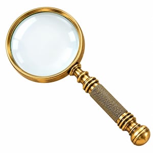Può includere: Una lente d'ingrandimento con una lente circolare incorniciata in ottone lucido. Il manico è realizzato in ottone testurizzato con un motivo a griglia incrociata e un'estremità arrotondata, offrendo un design robusto e funzionale per l'ispezione.