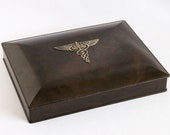 Vintage Prescription Pad Holder Doctors Office Caduceus Marbled Plastic Box with Hinged Lid 1970s