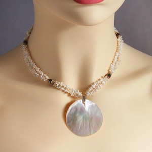 Vintage Seed Rice Pearls and Mother of Pearl Disk Pendant Necklace - Double Strand Genuine Tiny Pearls with Gold Filled Bale 1980s